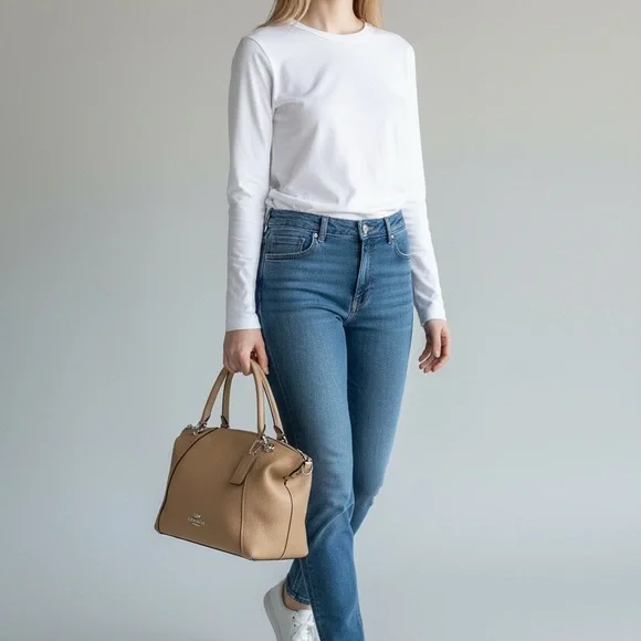 Coach Kacey Satchel in a taupe or beige color. - Picture 2 of 12